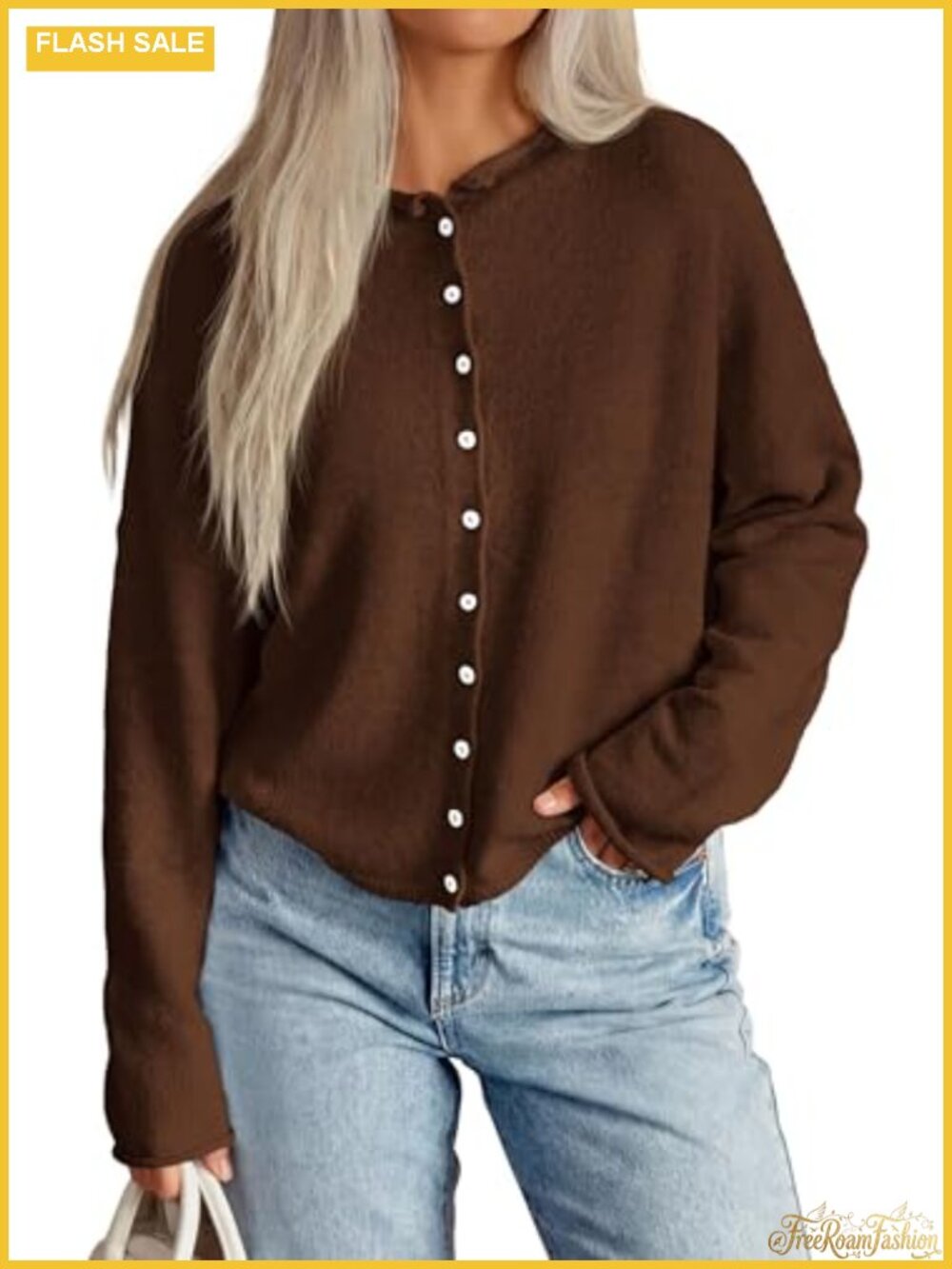 Oversized Button Up Knit Cardigan Crew Neck Long Sleeve Fall Sweater